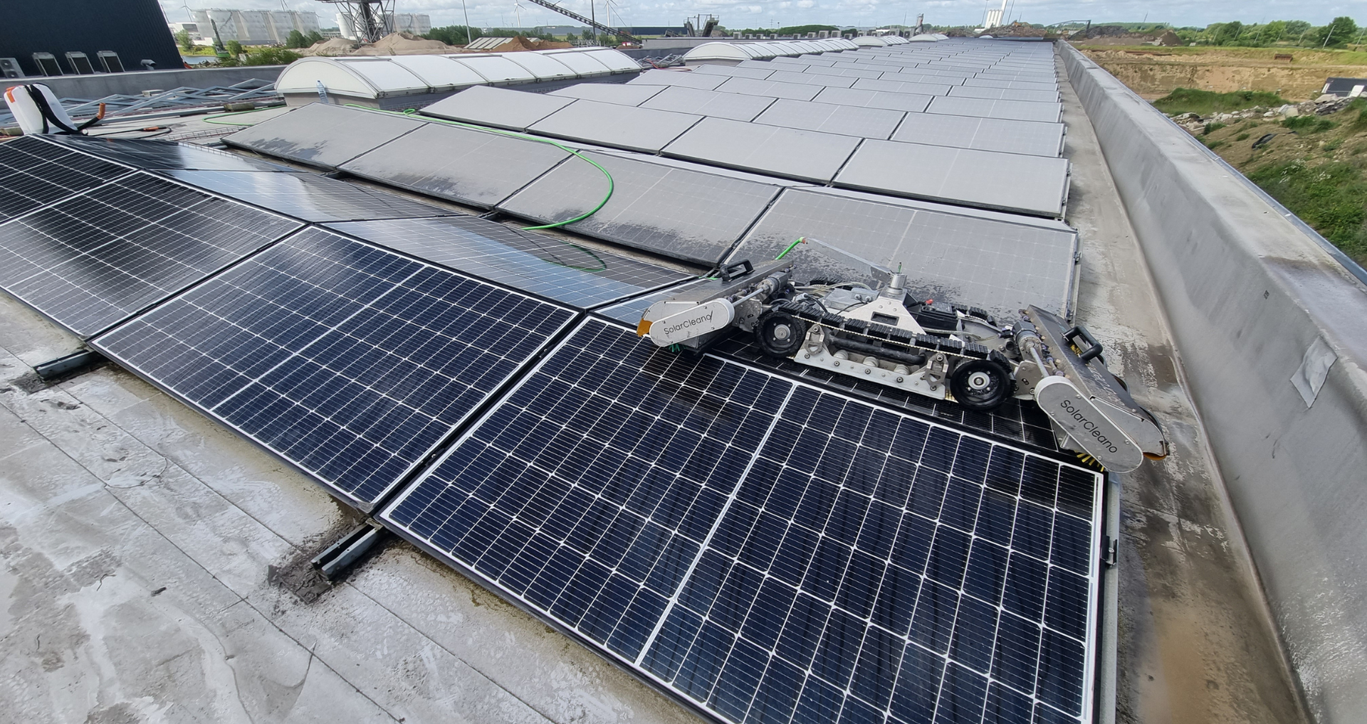 Solar panels mounted on a flat rooftop