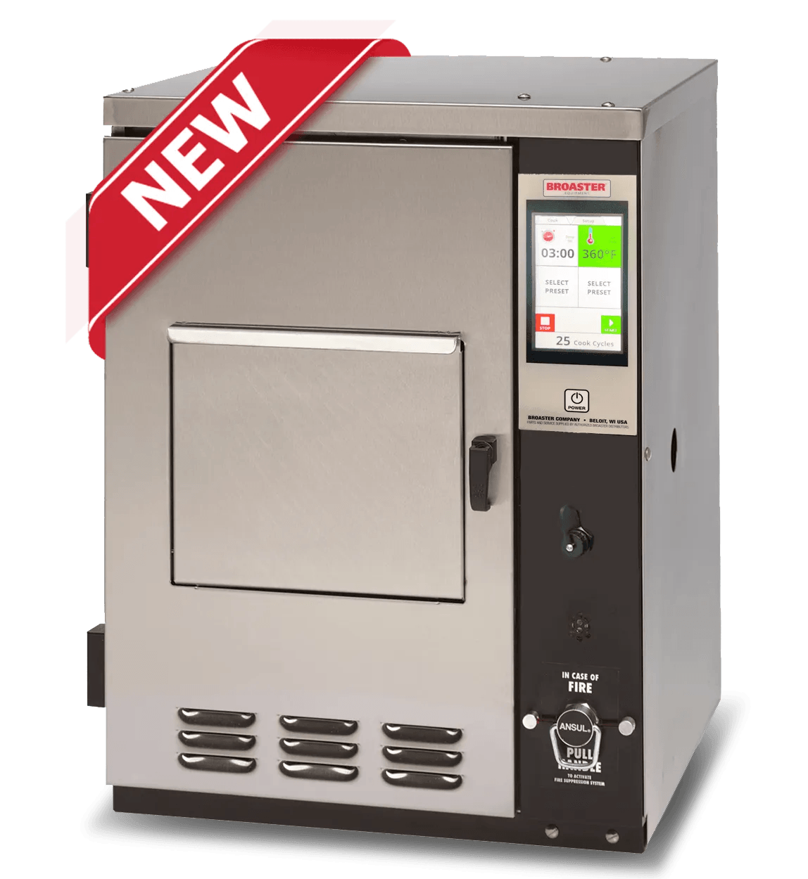 Stainless steel countertop food warmer oven with front door, control panel, and red “NEW” ribbon badge
