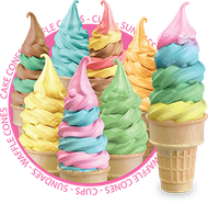 Assorted pastel ice cream cone swirls in pink, blue, green, yellow, and orange on a white background