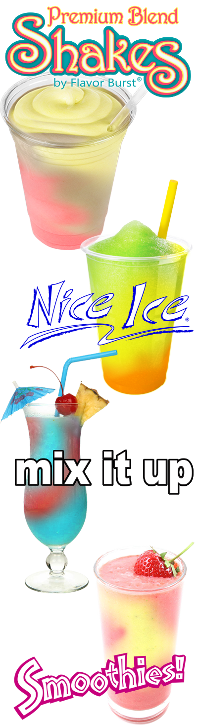 Colorful ad for frozen drinks, with “Premium Blend Shakes,” “Nice Ice,” “mix it up,” and “Smoothies!”