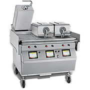 Stainless steel commercial countertop fryer with digital controls and lidded baskets on wheels