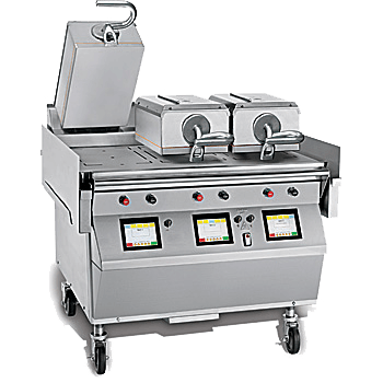 Stainless steel commercial countertop fryer with digital controls and lidded baskets on wheels