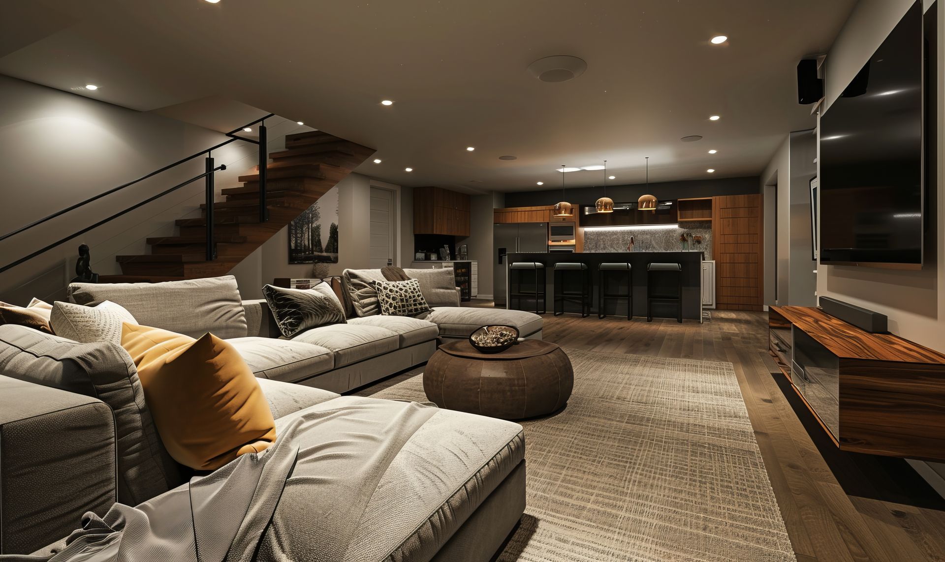 A living room with a couch , coffee table , television and stairs.