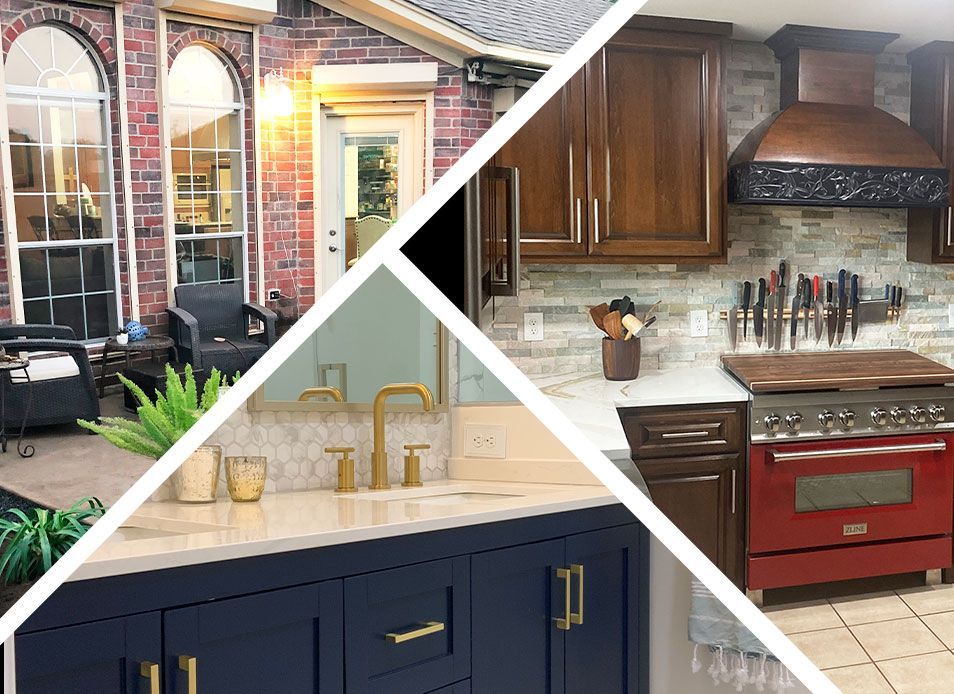 a kitchen with blue and white cabinets.