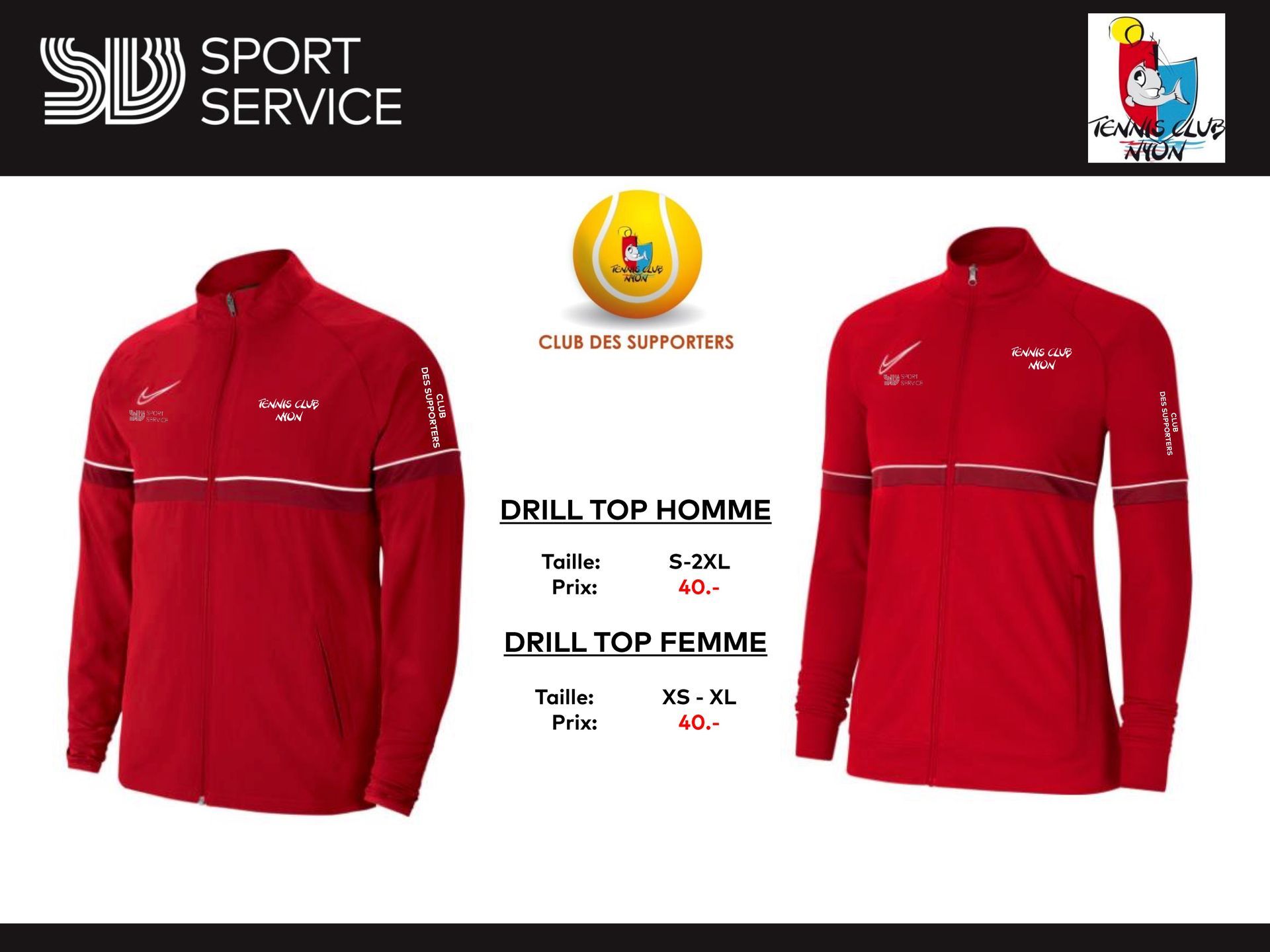 Deux vestes rouges avec le mot sport service en bas