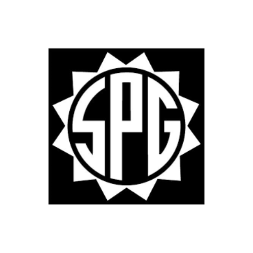 Un logo noir et blanc pour SPG avec un soleil au milieu.