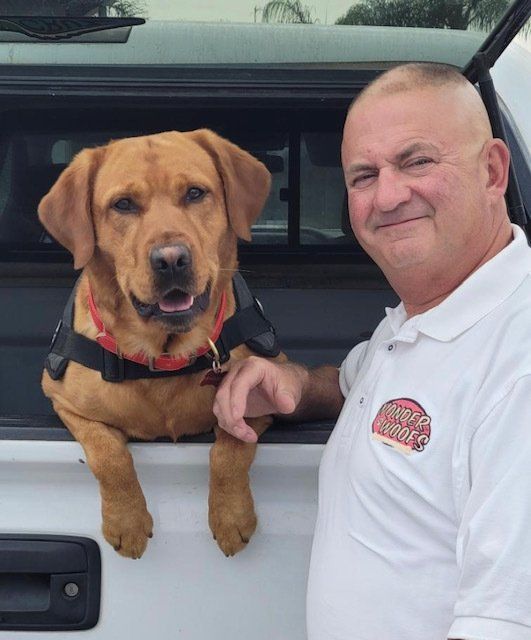 A man standing next to a dog that is sticking its head out of the back of a truck