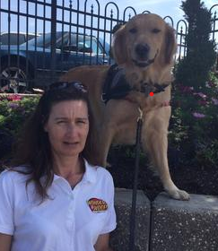 A woman is standing next to a dog on a leash.