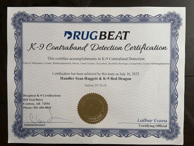 A certificate that says drugbeat k-9 contraband detection certification