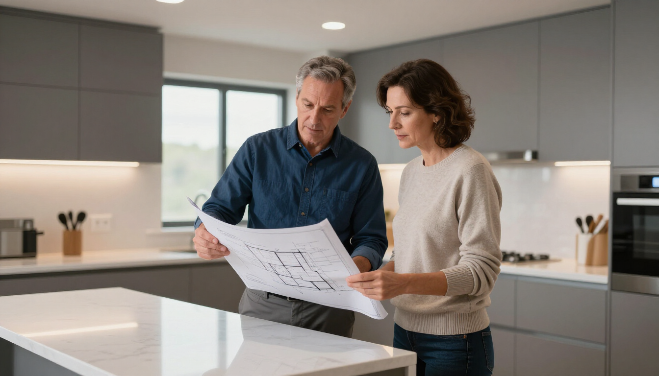 Professional contractor discussing kitchen blueprints with a homeowner in Charlotte.