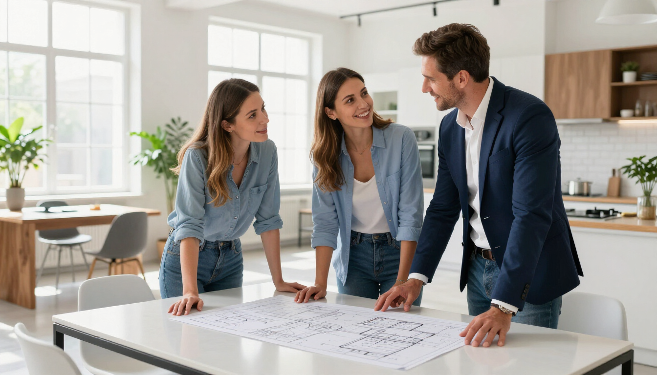 Designer and homeowners planning a kitchen