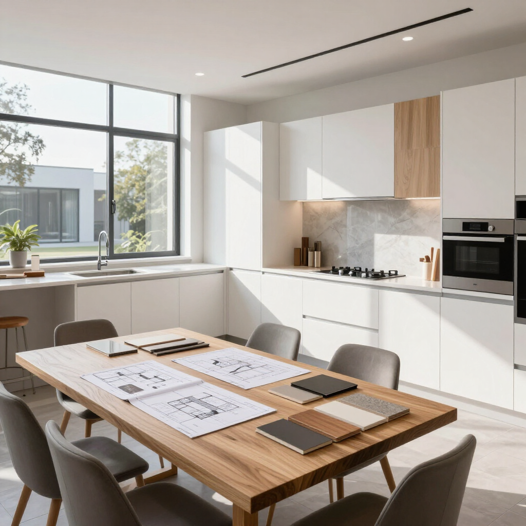 Two colleagues reviewing design plans at a kitchen table in a bright modern home