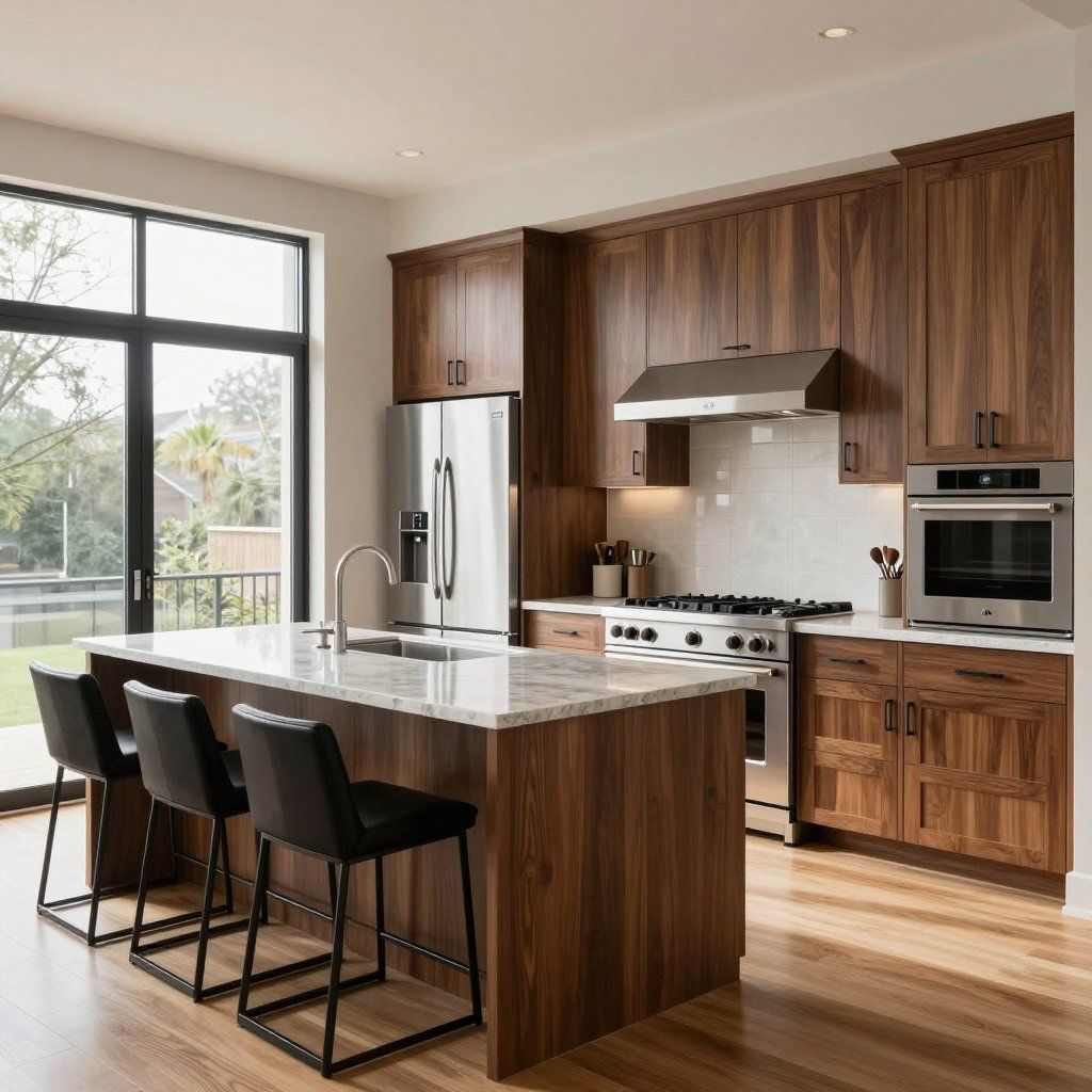 Modern kitchen with wood cabinets, marble island, stainless appliances, and black bar stools