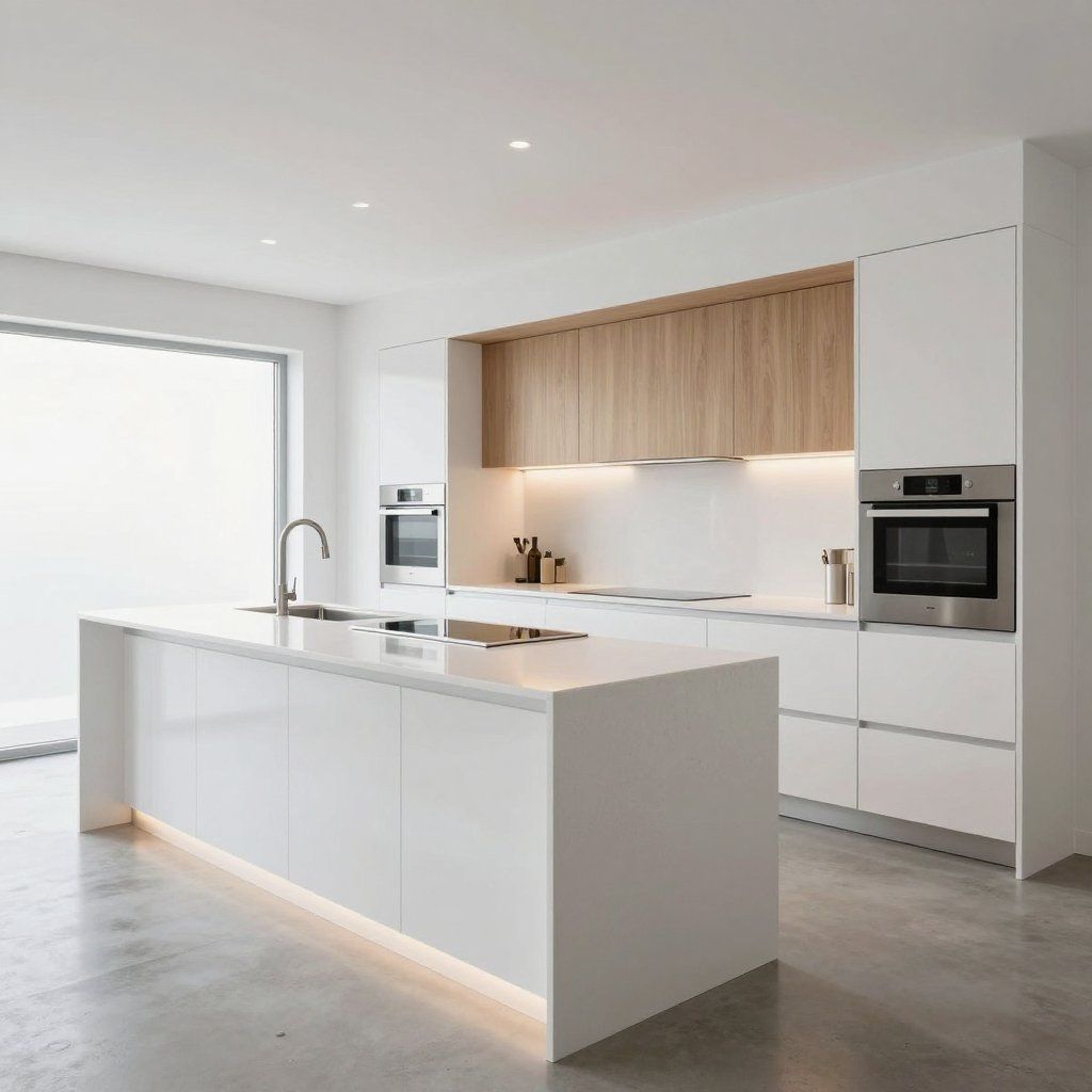 Modern white kitchen with island, wood cabinets, and built-in ovens in a bright minimalist space