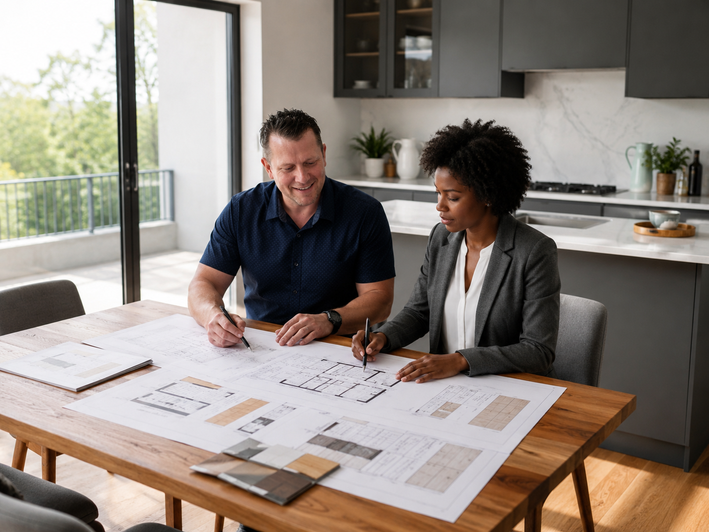 Two people reviewing blueprints on a kitchen island in a bright modern kitchen.