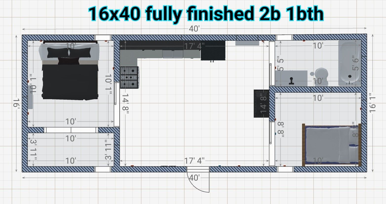 A floor plan of a 16x40 fully finished 2b 1bth