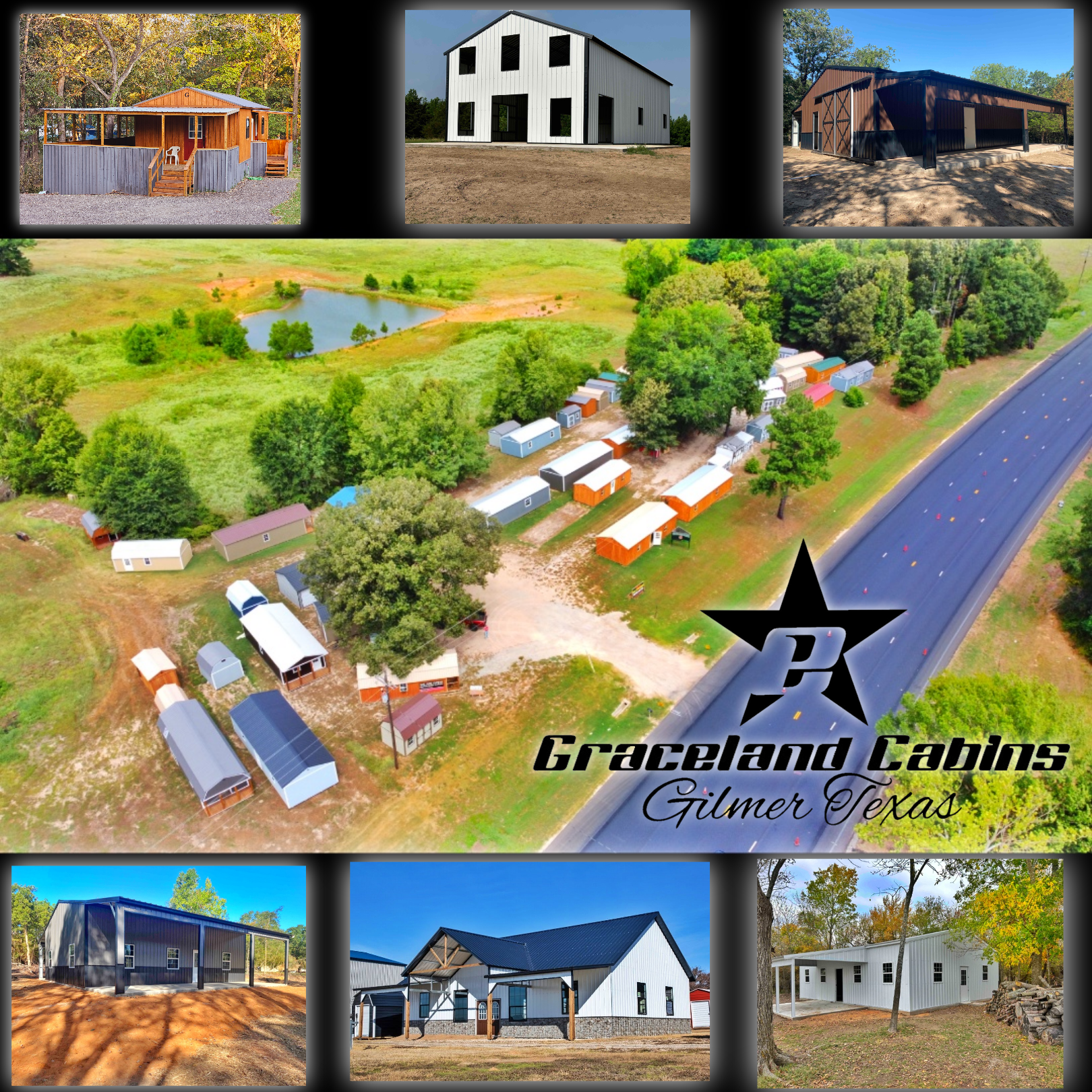 An advertisement for graceland cabins in palmer texas