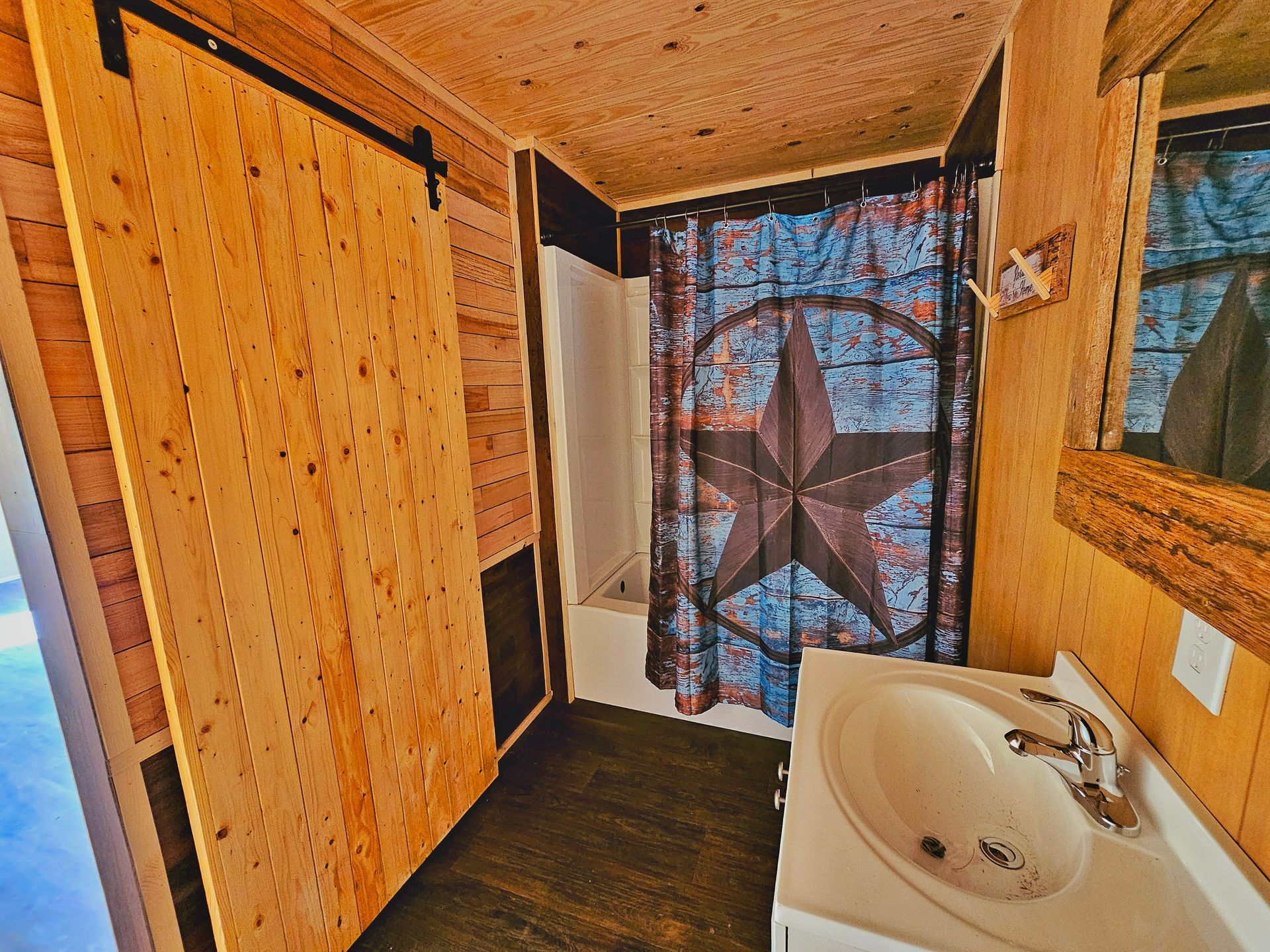A bathroom with a sink and a shower curtain with a star on it.