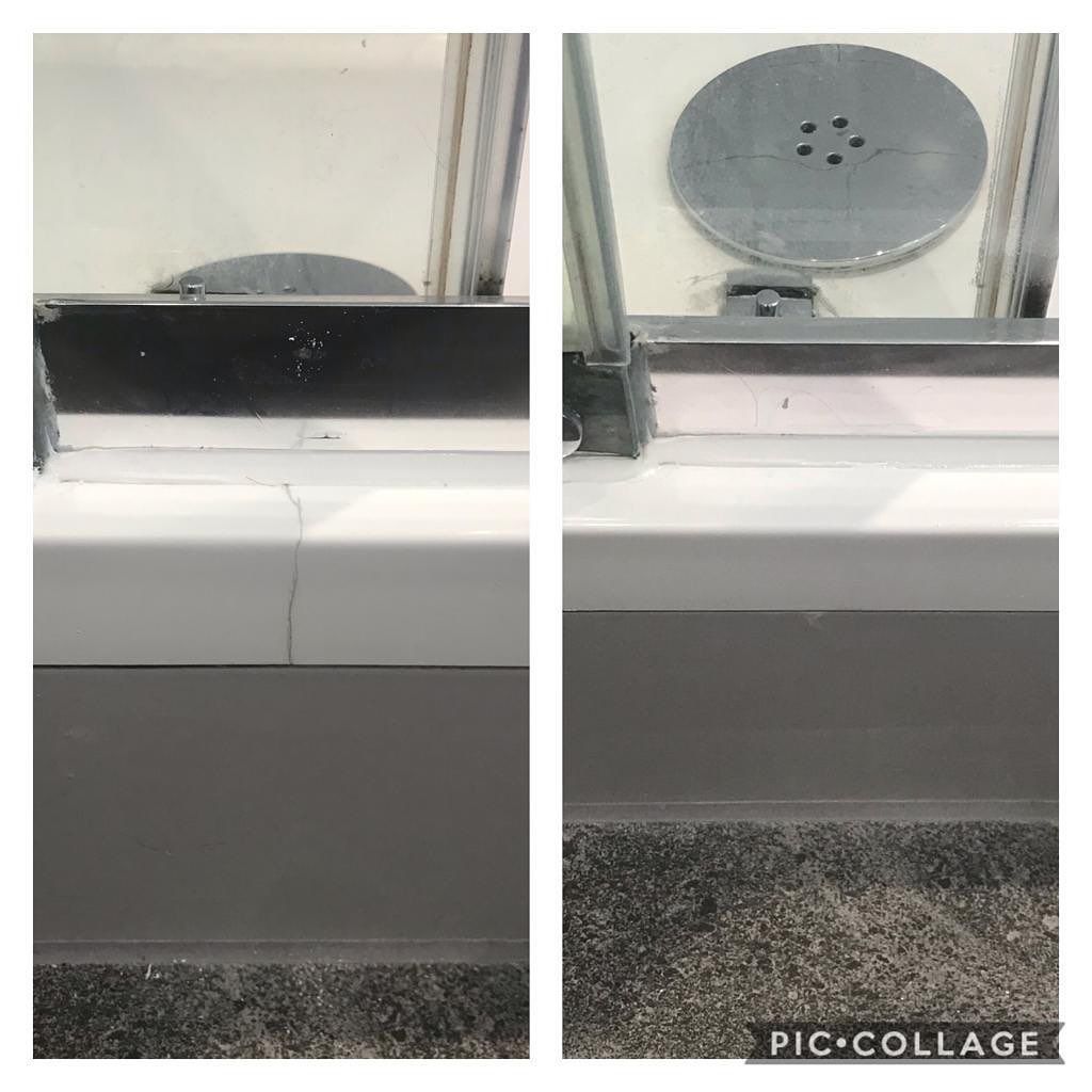 A before and after photo of a sliding glass door