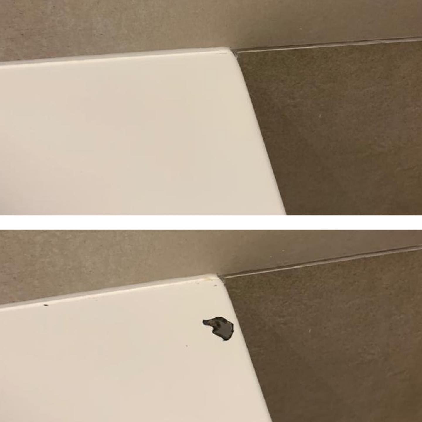 Two pictures of a toilet with a hole in it.