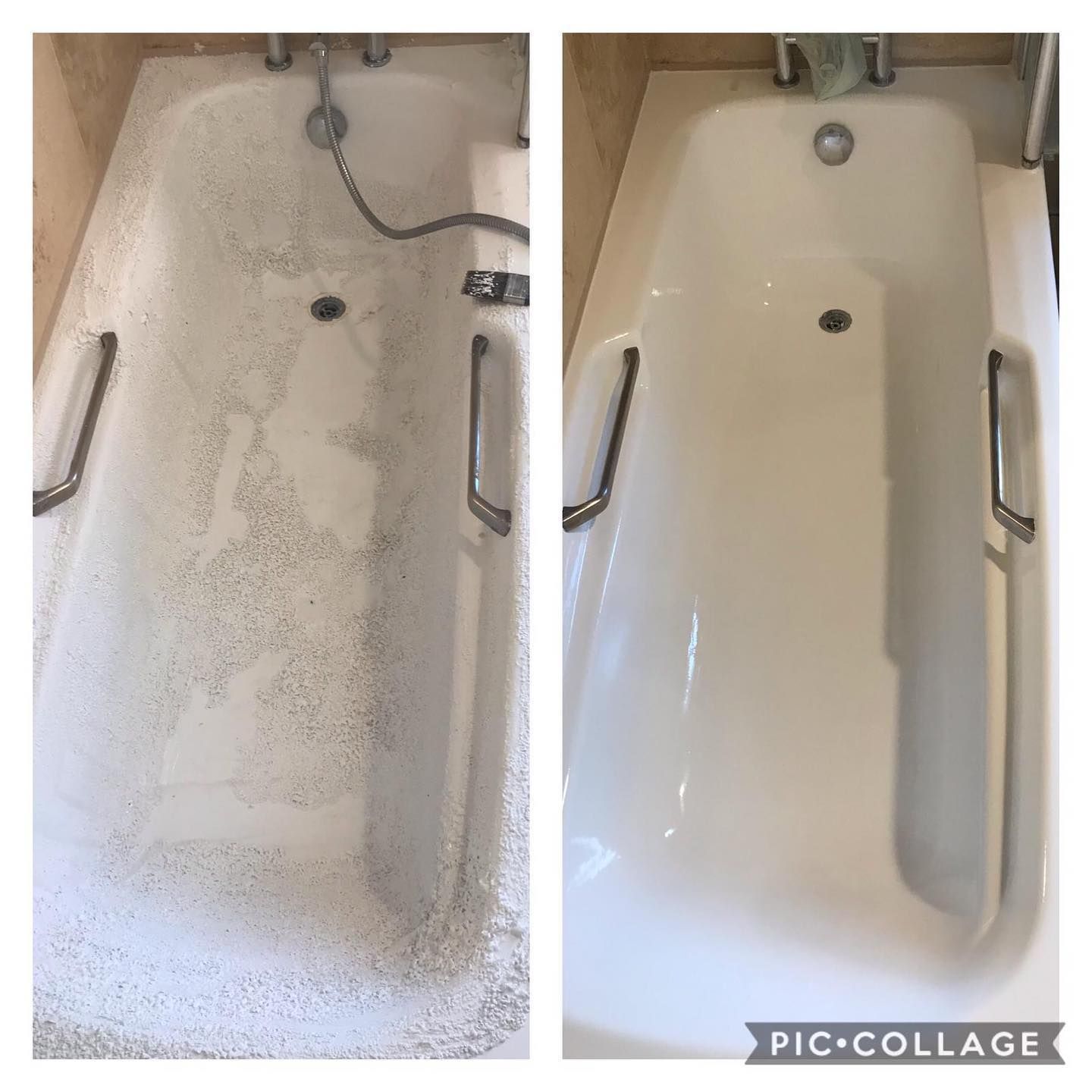 A before and after picture of a bathtub that has been cleaned.