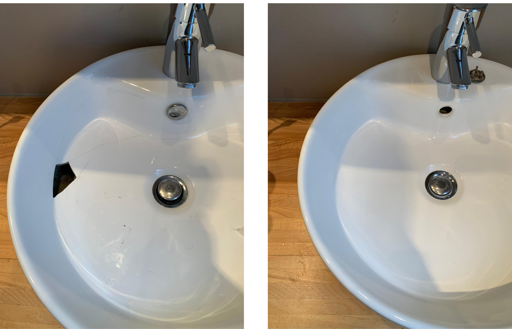 A before and after picture of a bathroom sink.
