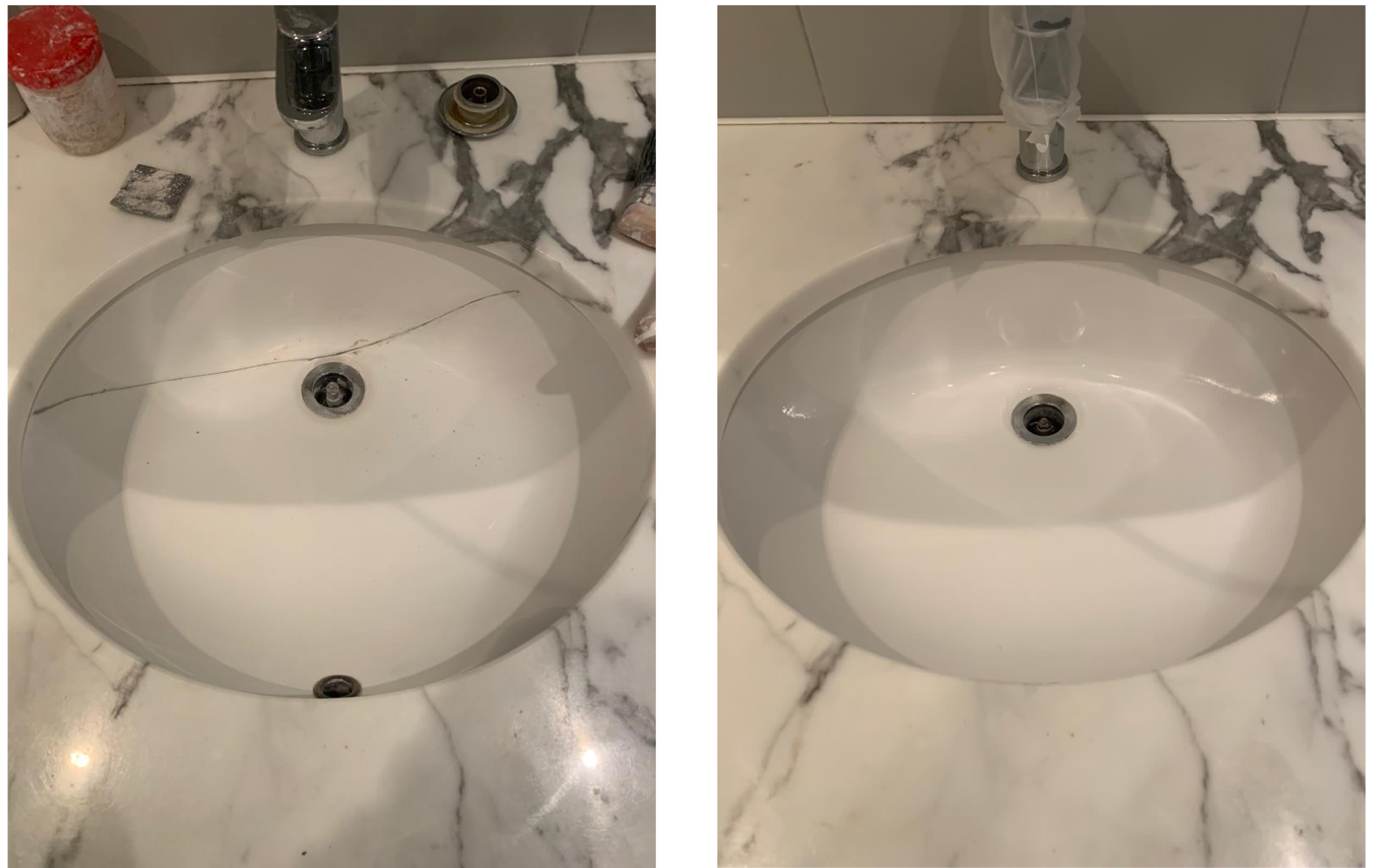 Two pictures of a bathroom sink before and after being cleaned.