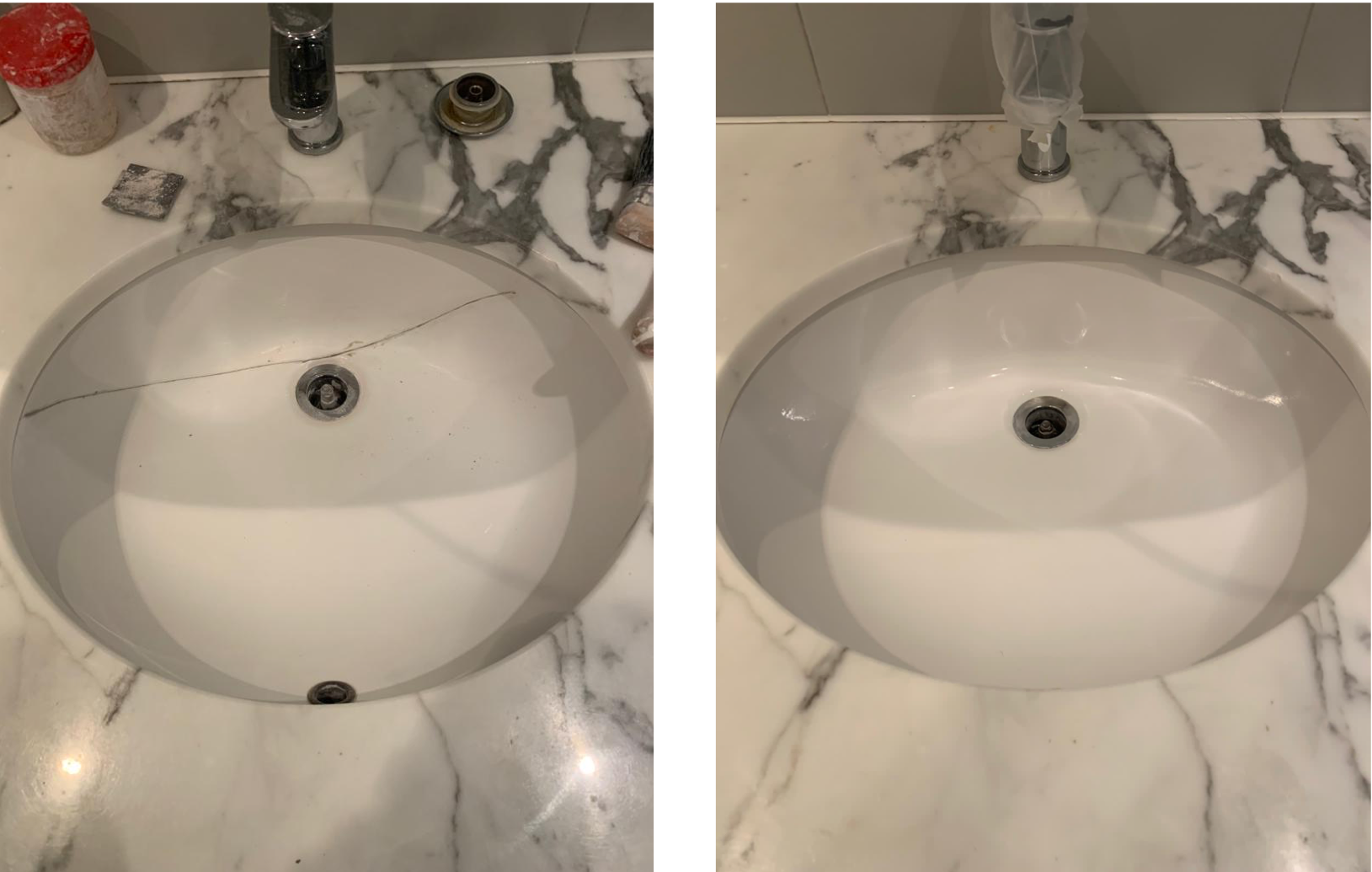 A before and after picture of a bathroom sink repair
