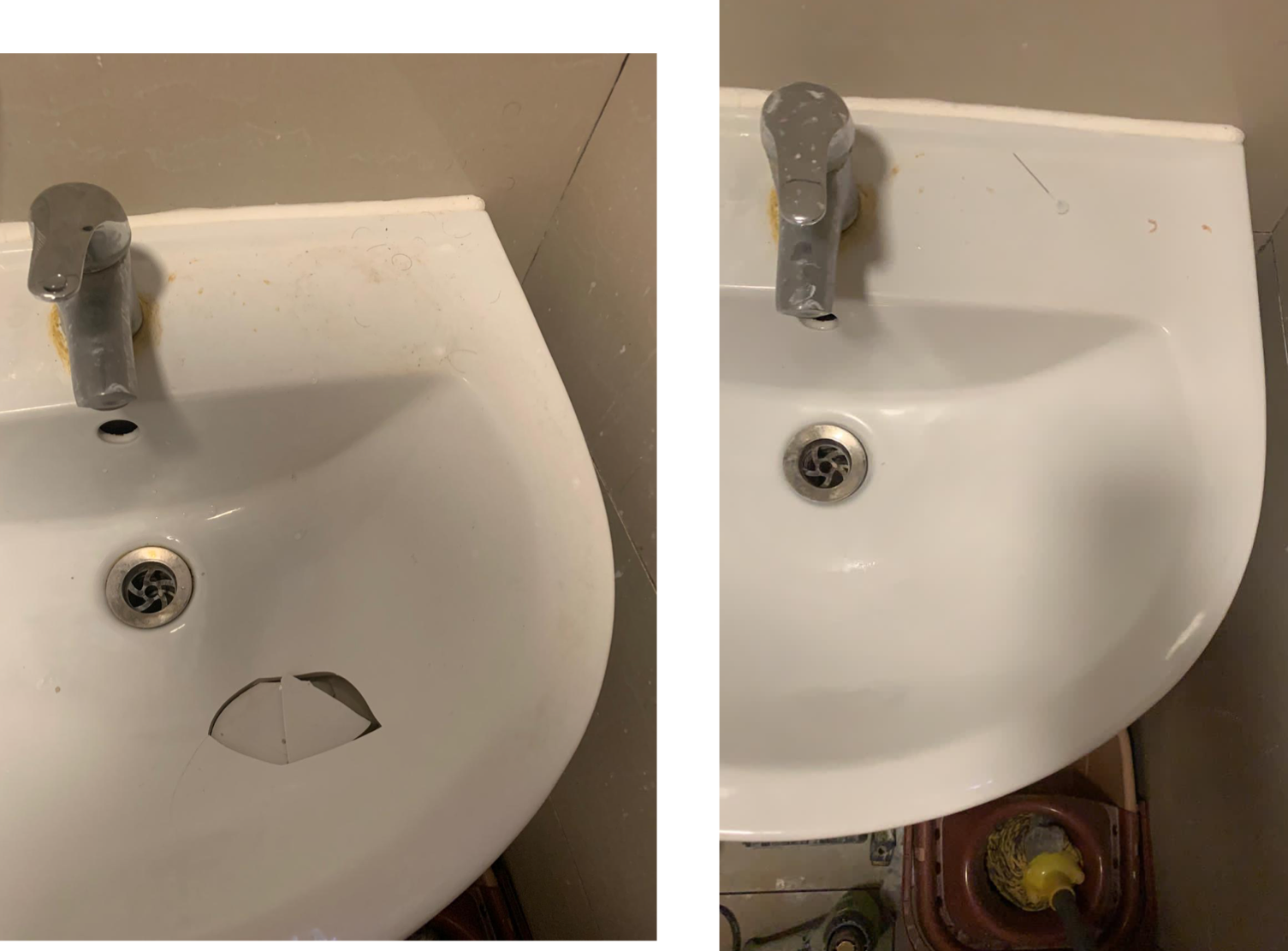 A before and after picture of a bathroom sink with a hole in it repaired