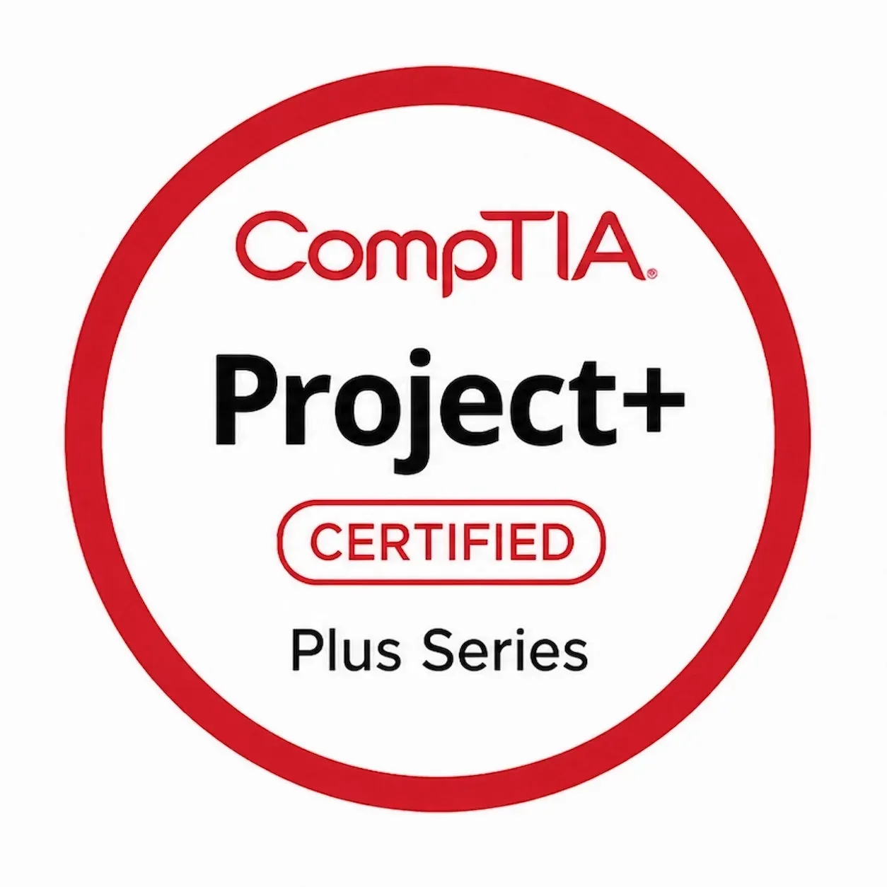 CompTIA Project+ Certified Plus Series logo in red and black circular design