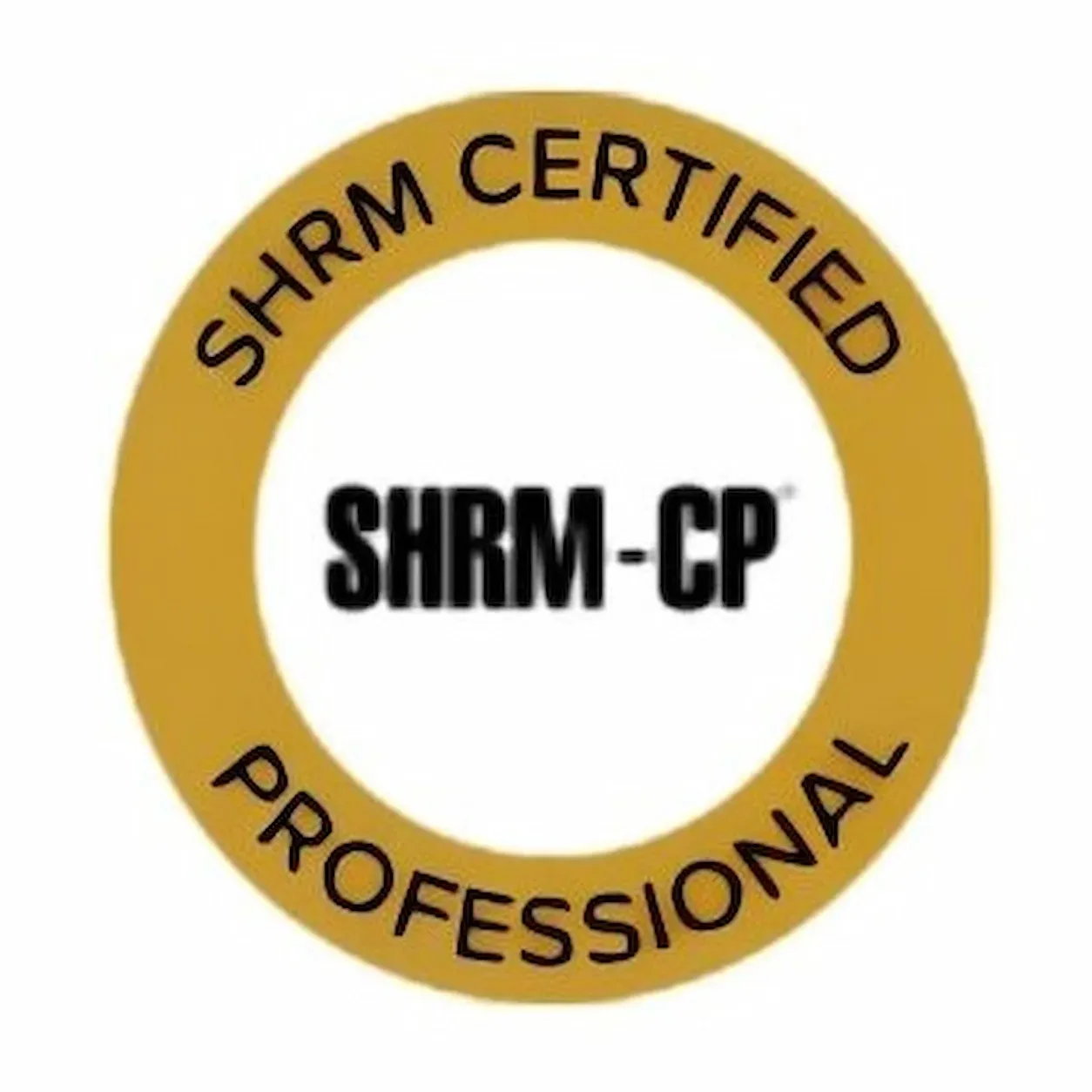 Gold SHRM Certified Professional badge with black “SHRM-CP” text in the center