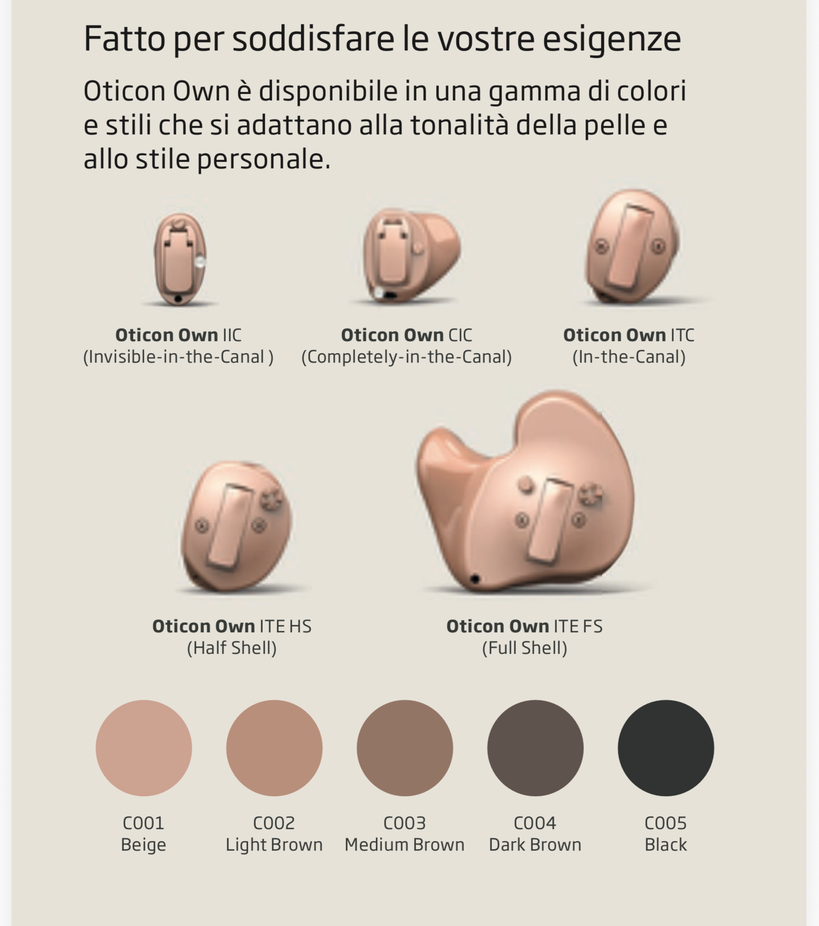 Apparecchi acustici Oticon nei colori beige e nero, presentati in diversi modelli con campioni di colore abbinati alla tonalità della pelle.