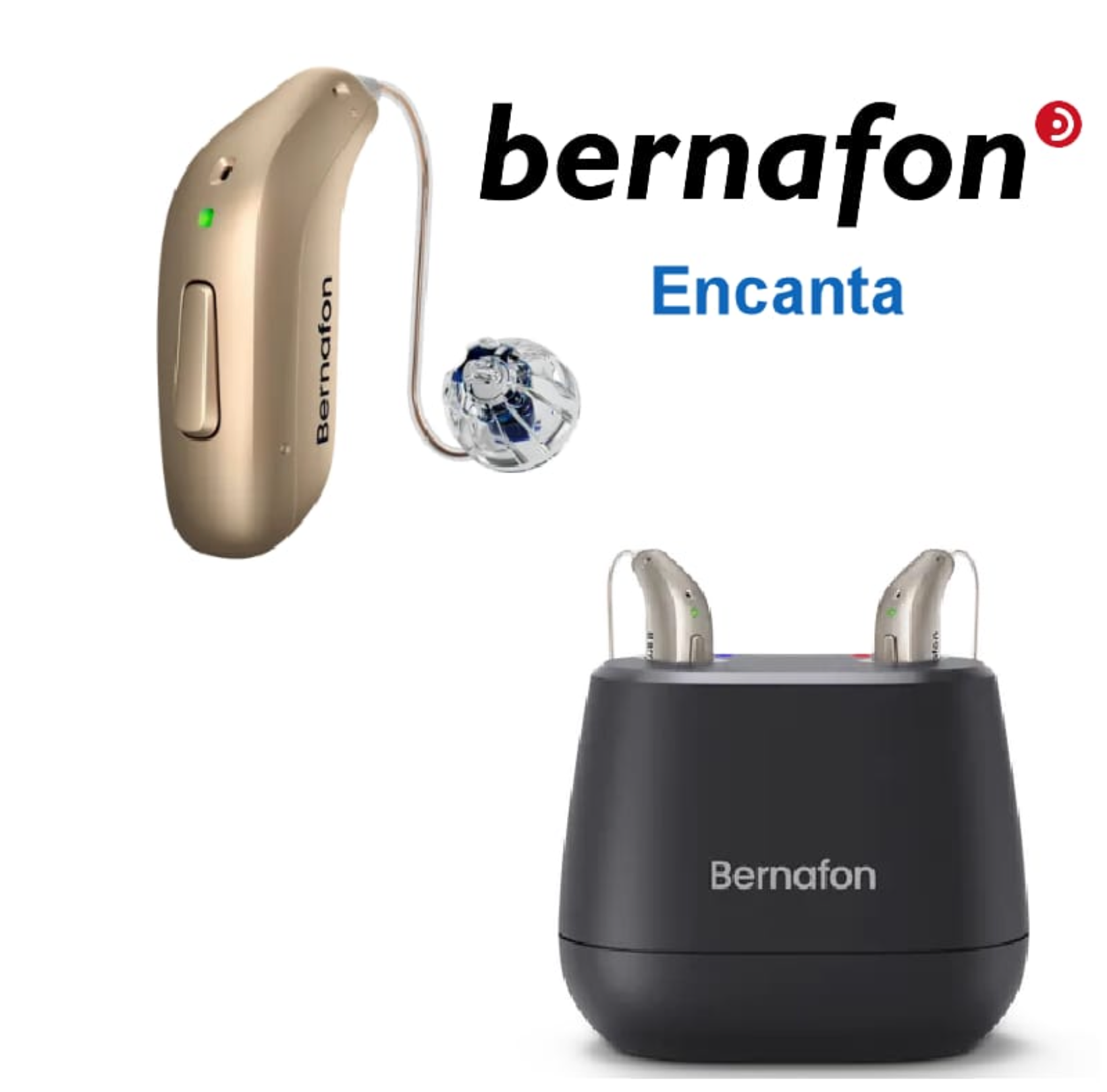 Apparecchio acustico Bernafon Encanta e custodia di ricarica su sfondo bianco.