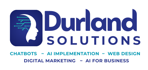 Logo for Durland Solutions, with a profile inside a blue rounded square and text below: chatbots, AI implementation, web design, etc.