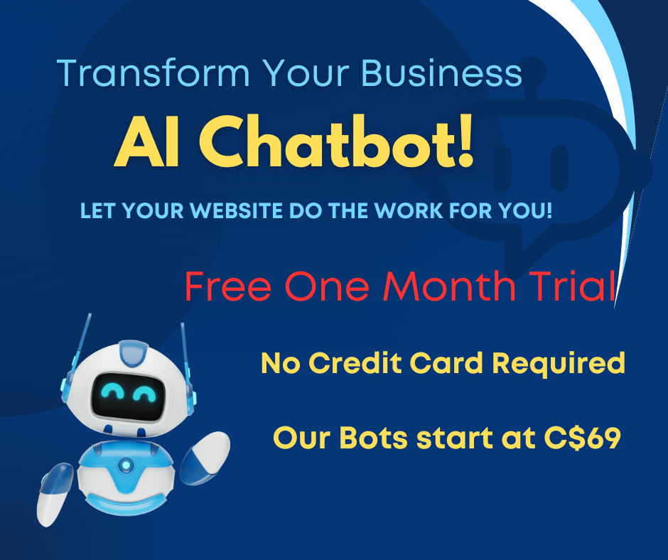 Promotional graphic for AI chatbot, blue background, robot illustration, text: 