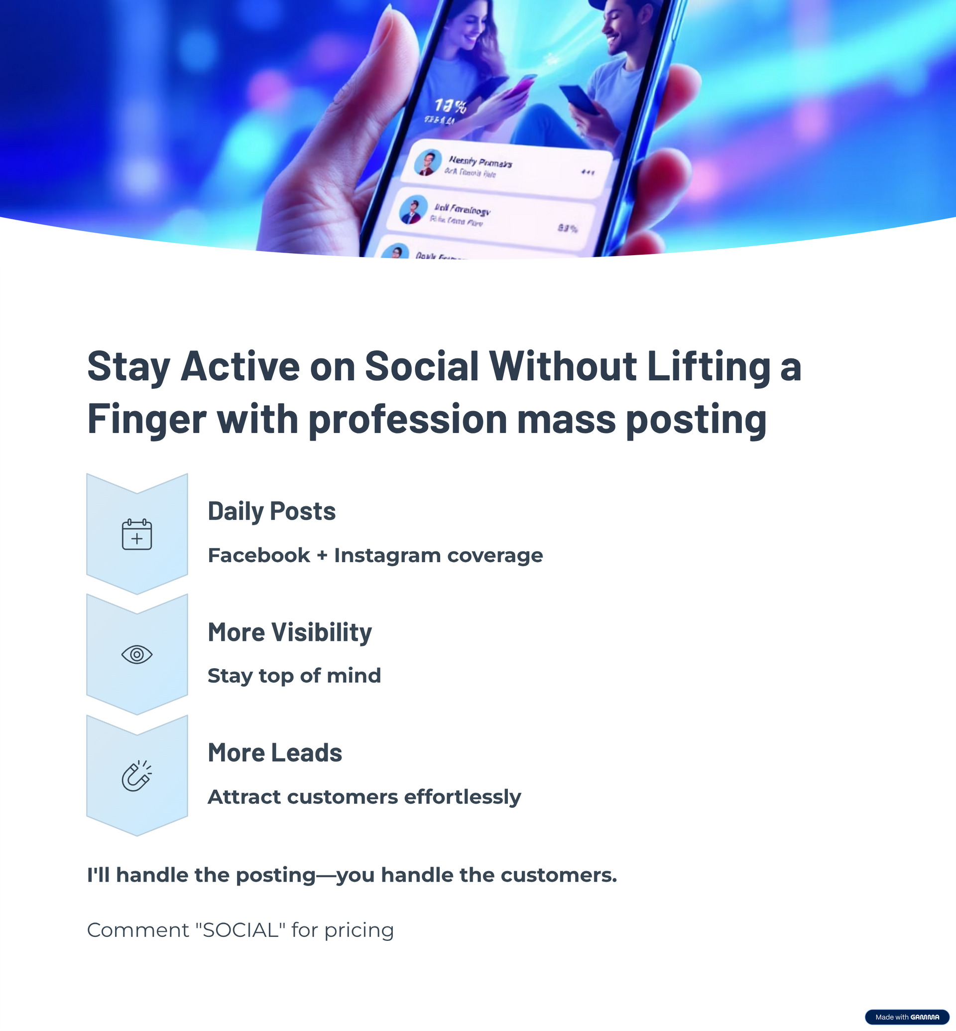 Advertisement for social media automation: A hand holding a phone, daily posts, more visibility, and more leads are highlighted.