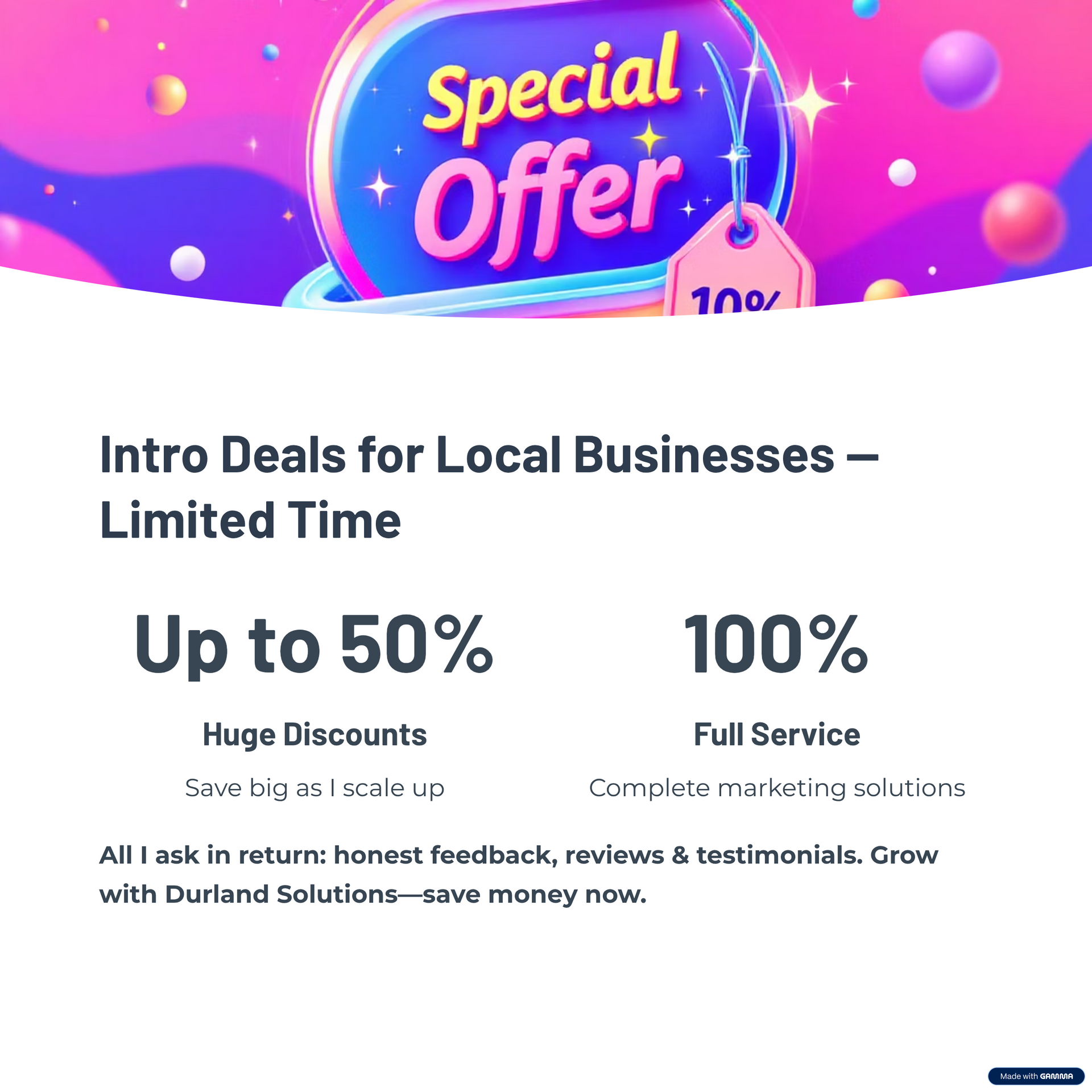 Advertisement for Durland Solutions offering up to 50% discount and full marketing service to local businesses.