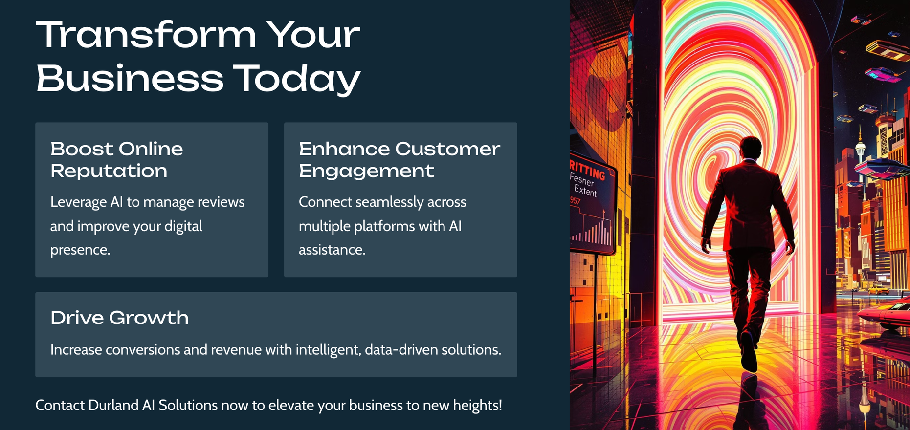 Man walking towards colorful portal, alongside text boxes describing business solutions.