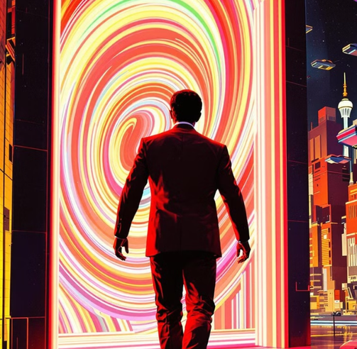 Man in red suit facing a swirling portal, city skyline in background with futuristic elements.