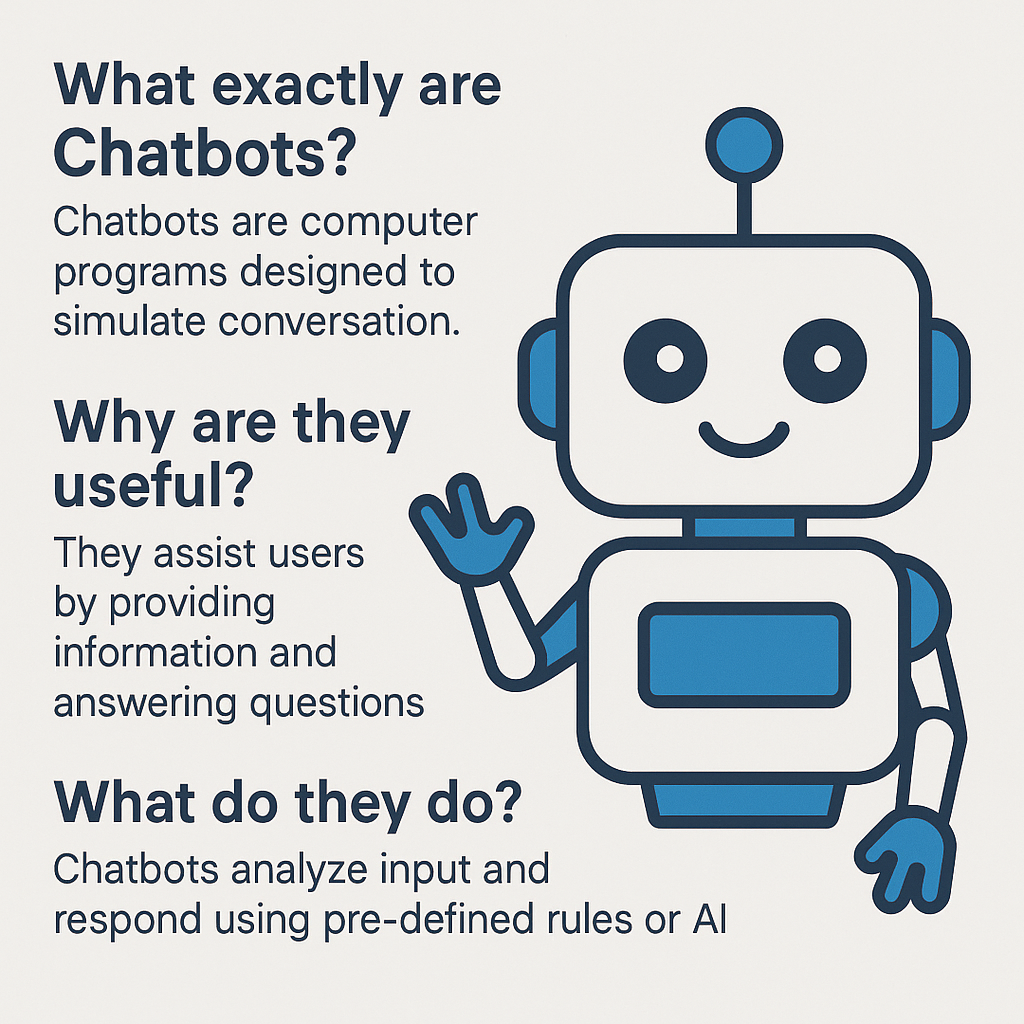 Cartoon robot with text explaining chatbots: what they are, why they're useful, and what they do.