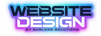 Website Design logo with a futuristic font and neon glow. Below it, it states