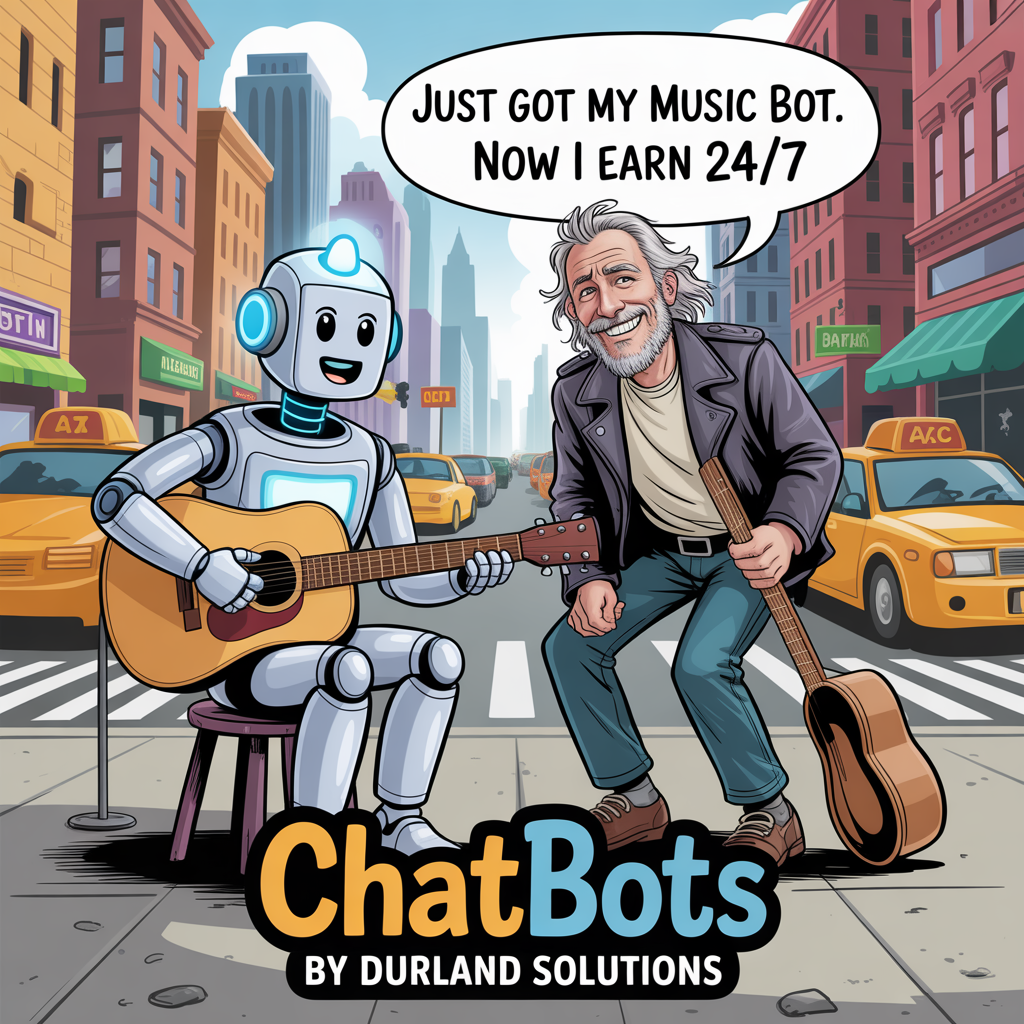 Robot playing guitar with a man on a city street. Text: