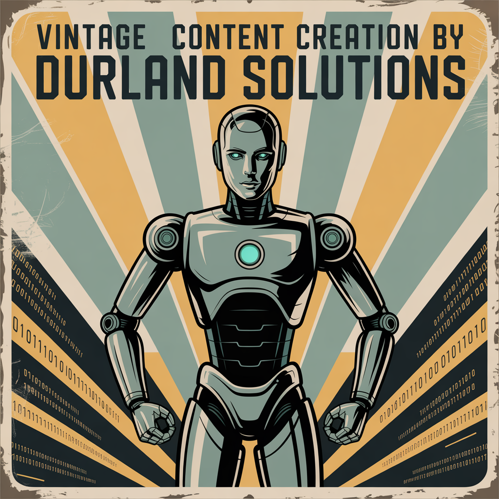 Retro poster: Robot in front of a city, sunburst background.