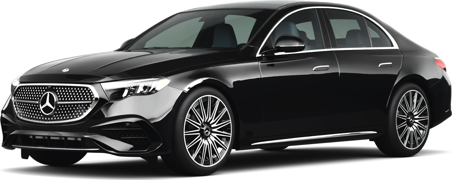 Black Mercedes-Benz sedan with a silver grill and wheels, angled slightly to the left.