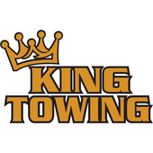 Orange crown logo with bold black-outlined text reading “KING TOWING”
