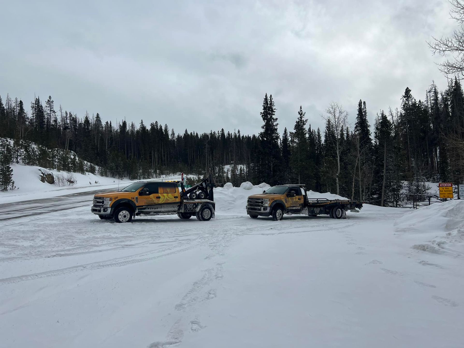 Yellow trucks on a snowy road in a forested winter landscape