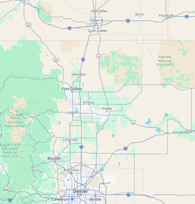Map of the Denver, Colorado area with roads, highways, and green park regions.