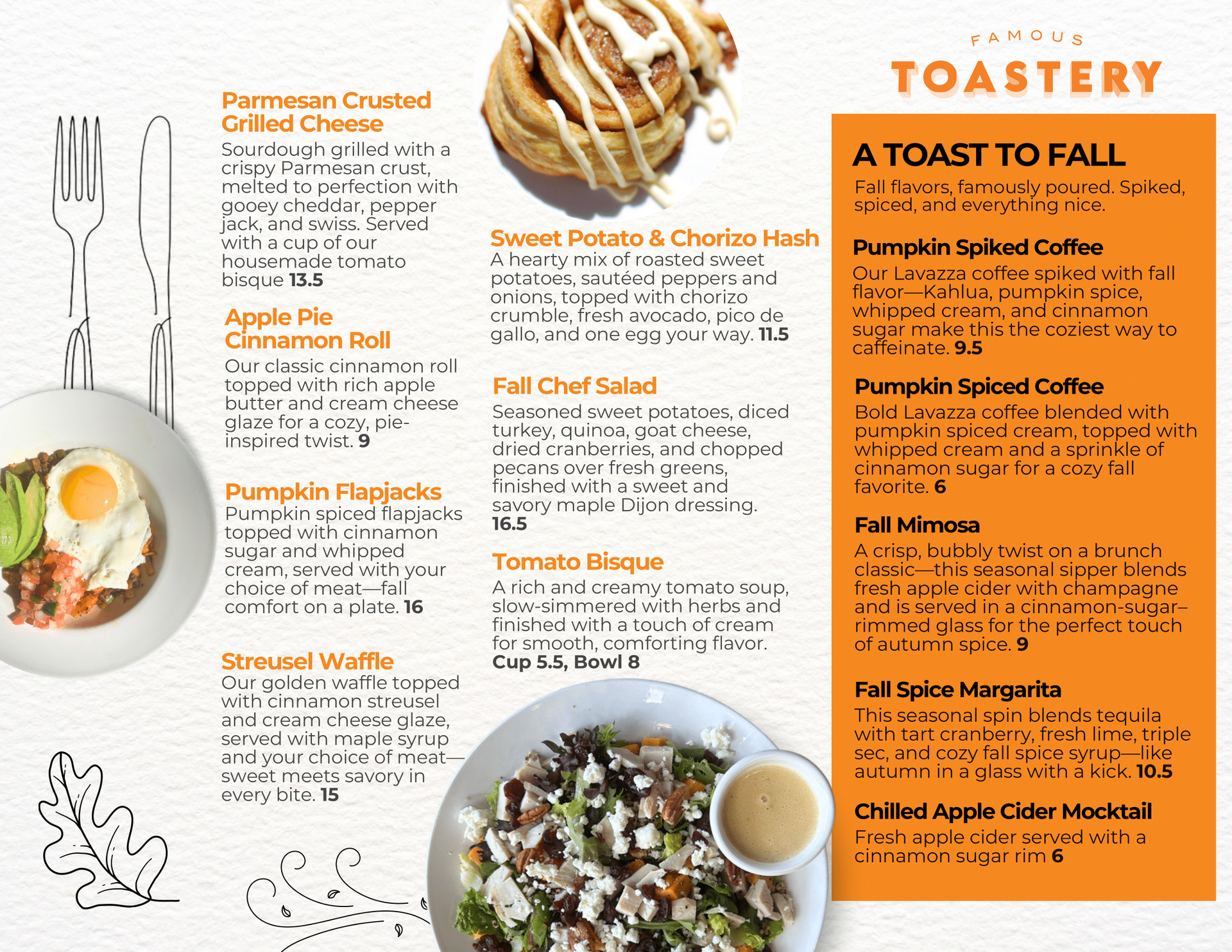 Orange and white dessert recipe menu with coffee and pastry photos, titled “Toastery”
