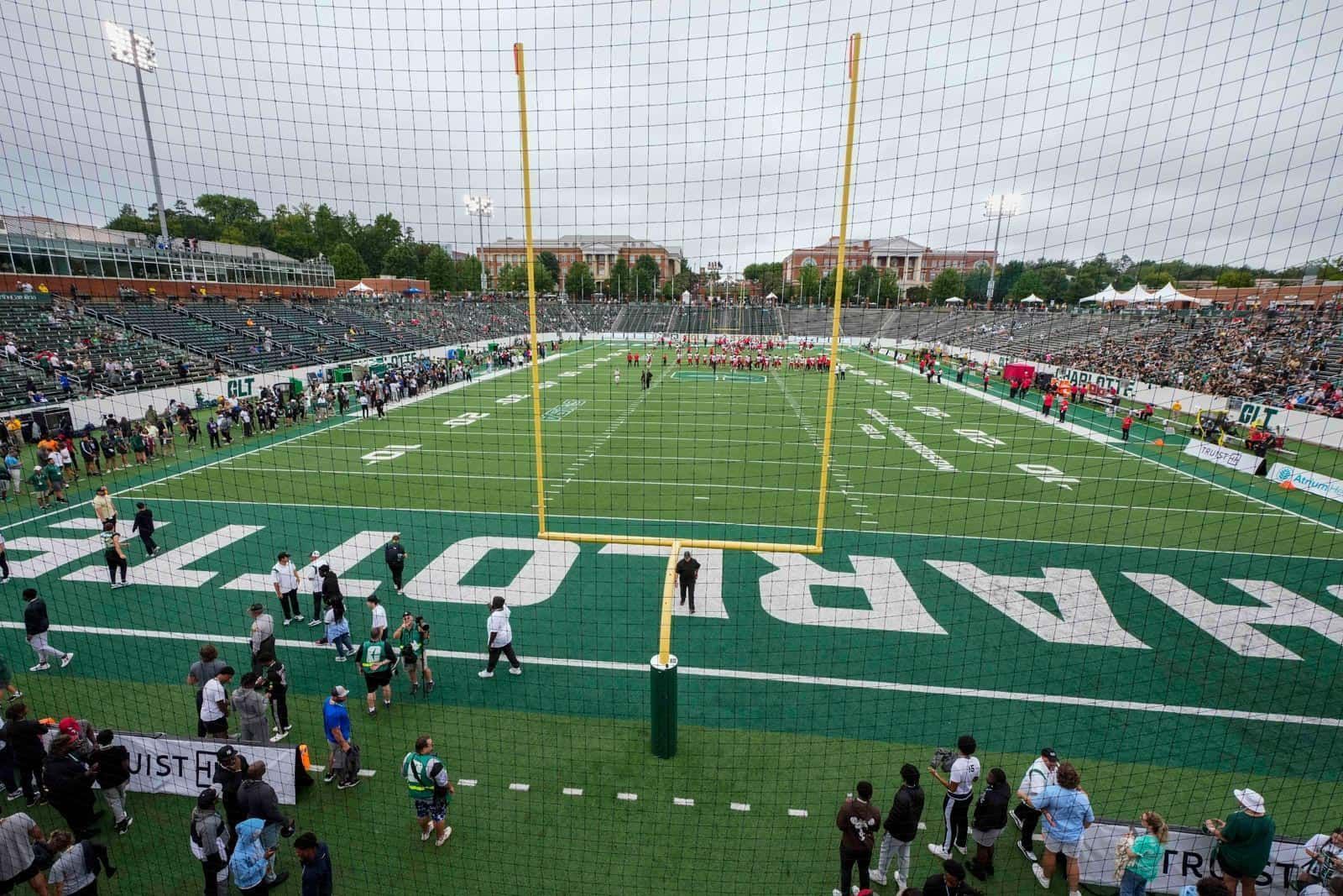 A football field with the word harlotte on it.