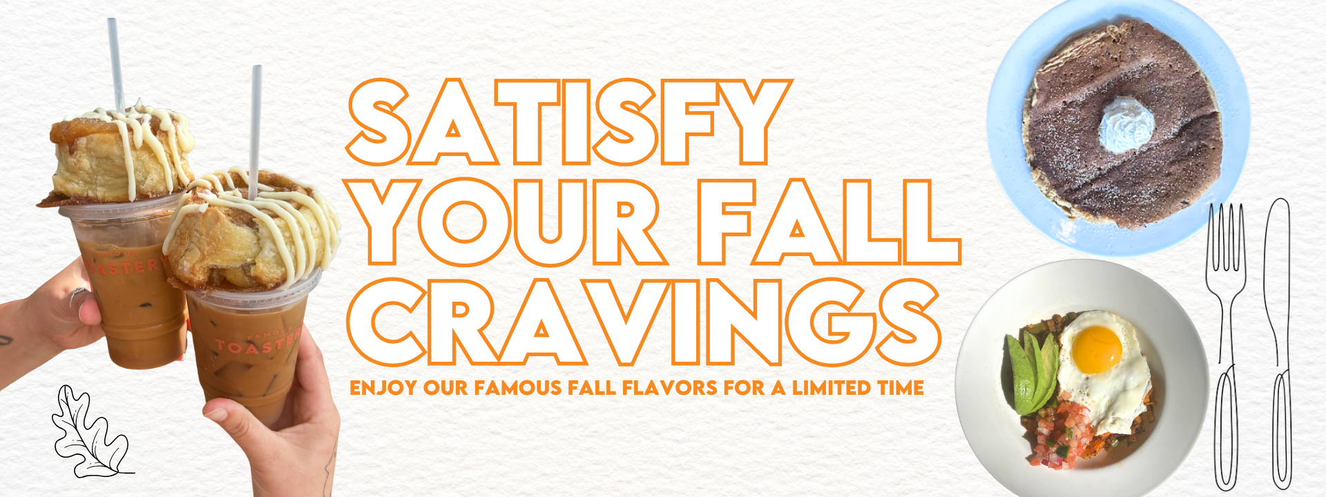 Fall desserts and drinks promo with donuts, pie, and iced coffee on a beige background